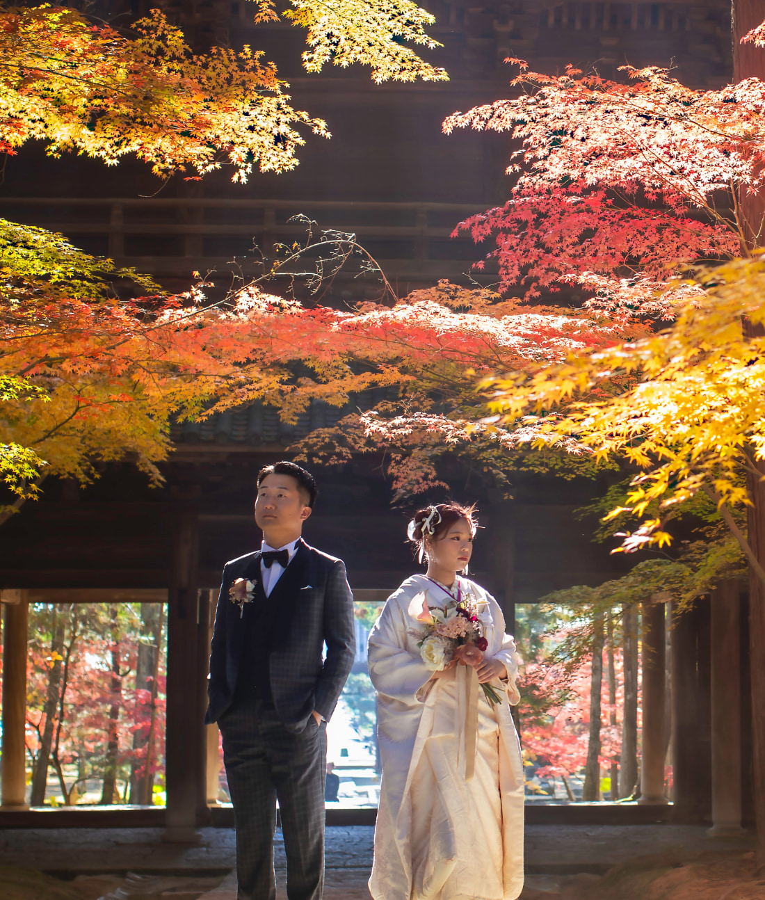鮮やかな紅葉の下、赤や黄色の葉の間から陽光が差し込む中、正装したカップルが佇んでいる。男性はスーツに蝶ネクタイ、女性は伝統的な白無垢を着てブーケを持っている。.