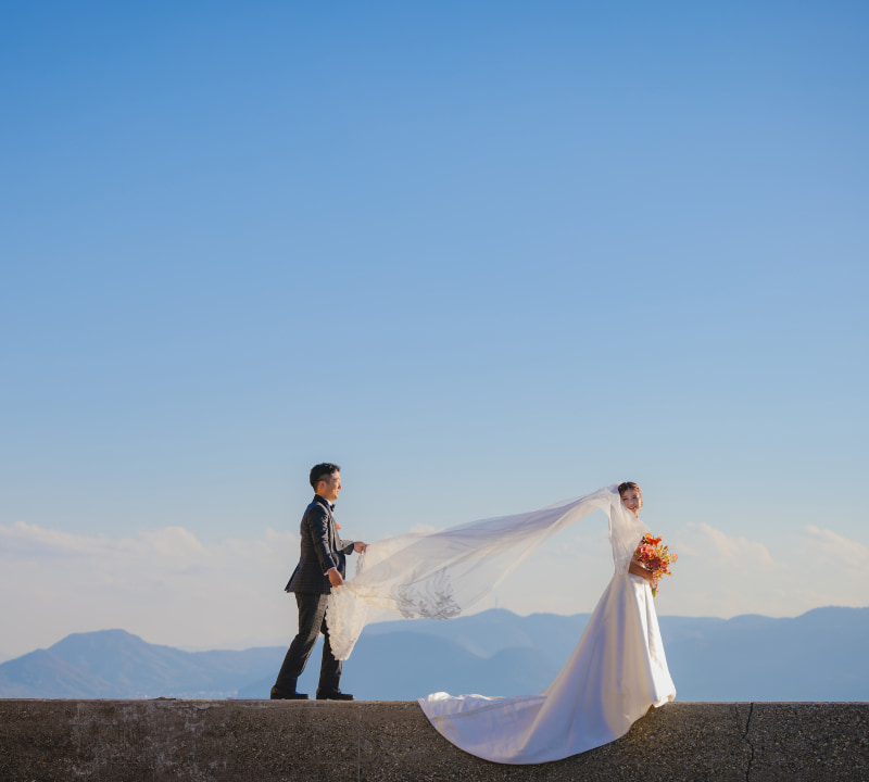 ウェディングドレスを着た新婦が花束を持ち、ベールが風になびく中、新郎がそのベールを持っているシーン。
