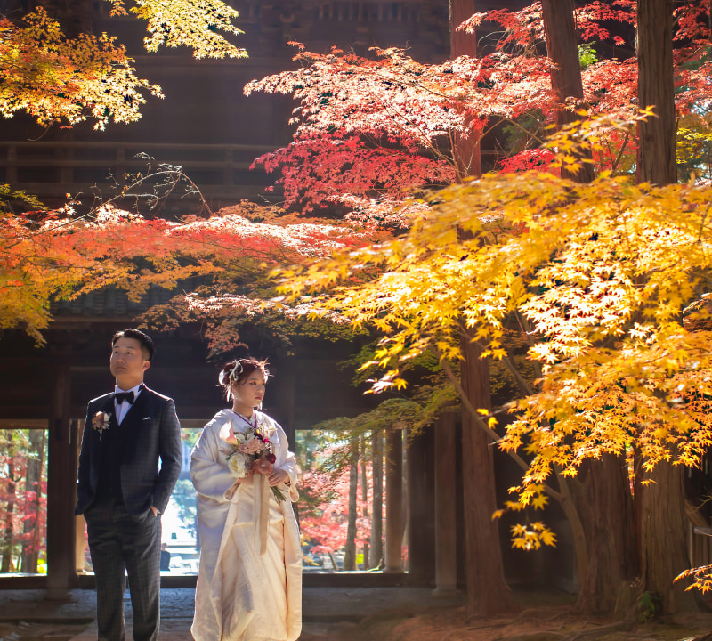 紅葉の中で立つ和装の新郎新婦。背景には色とりどりの秋の葉が広がる。